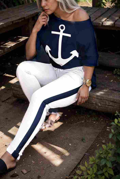 anchor print v neck long sleeve t shirt trousers two piece suit 137006