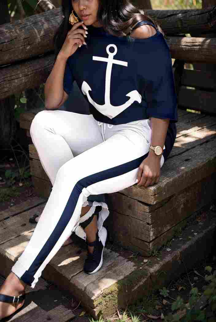 anchor print v neck long sleeve t shirt trousers two piece suit 106750