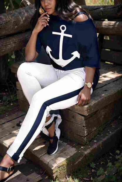 anchor print v neck long sleeve t shirt trousers two piece suit 120967