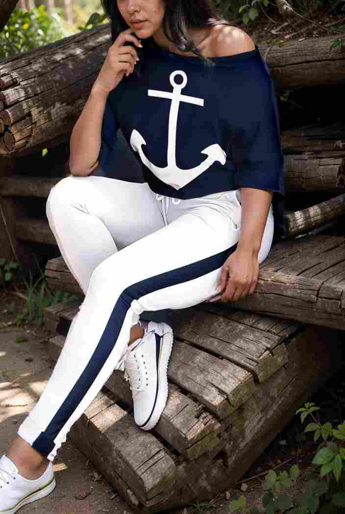 anchor print v neck long sleeve t shirt trousers two piece suit 116272