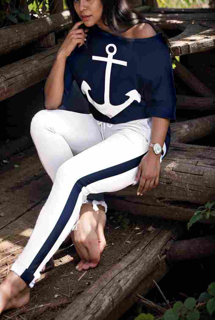 anchor print v neck long sleeve t shirt trousers two piece suit 136335