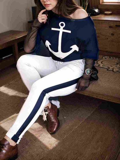 anchor print v neck long sleeve t shirt trousers two piece suit 132539