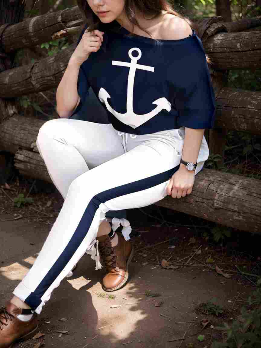 anchor print v neck long sleeve t shirt trousers two piece suit 117585