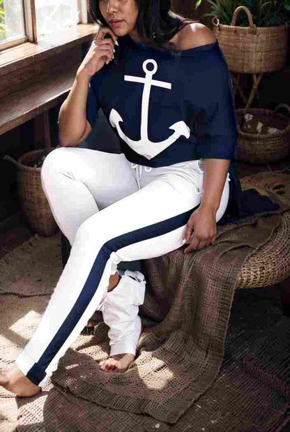 anchor print v neck long sleeve t shirt trousers two piece suit 121642