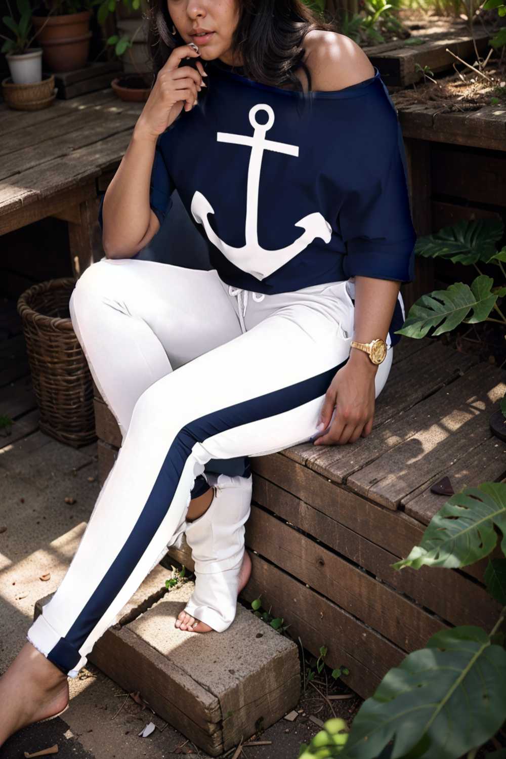 anchor print v neck long sleeve t shirt trousers two piece suit 149231