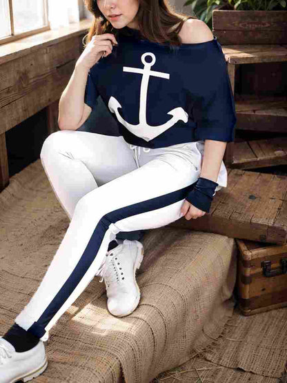 anchor print v neck long sleeve t shirt trousers two piece suit 108218