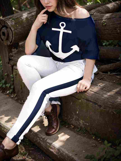 anchor print v neck long sleeve t shirt trousers two piece suit 106730