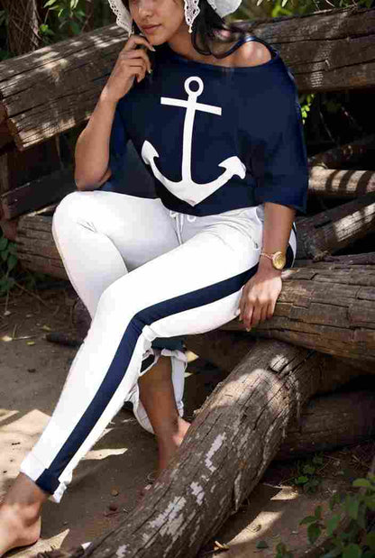 anchor print v neck long sleeve t shirt trousers two piece suit 115184