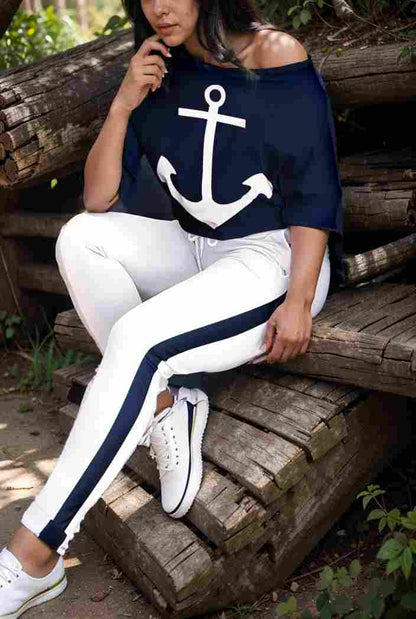 anchor print v neck long sleeve t shirt trousers two piece suit 112831