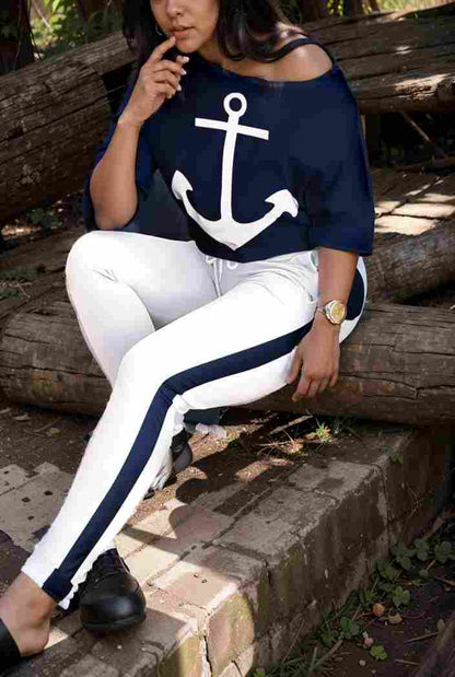 anchor print v neck long sleeve t shirt trousers two piece suit 132149