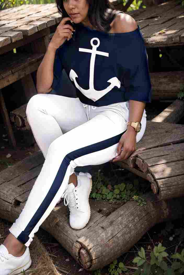 anchor print v neck long sleeve t shirt trousers two piece suit 119874