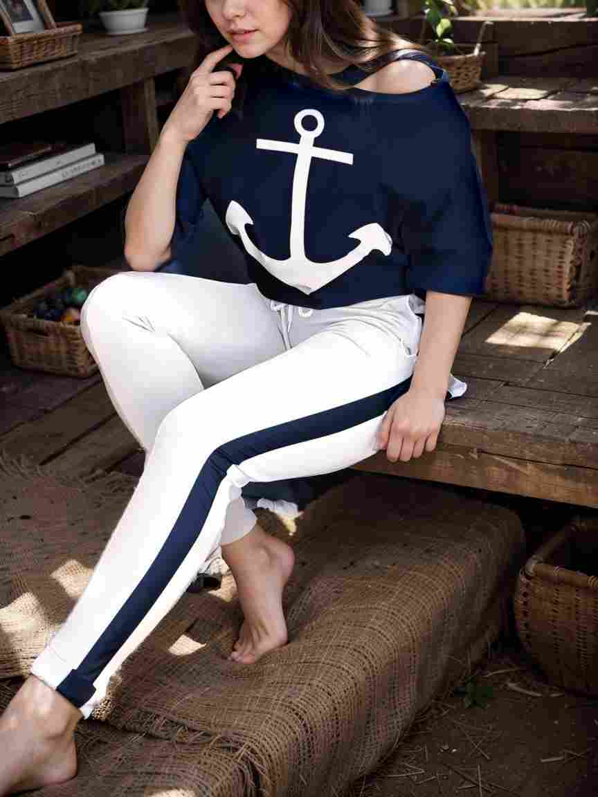 anchor print v neck long sleeve t shirt trousers two piece suit 106659