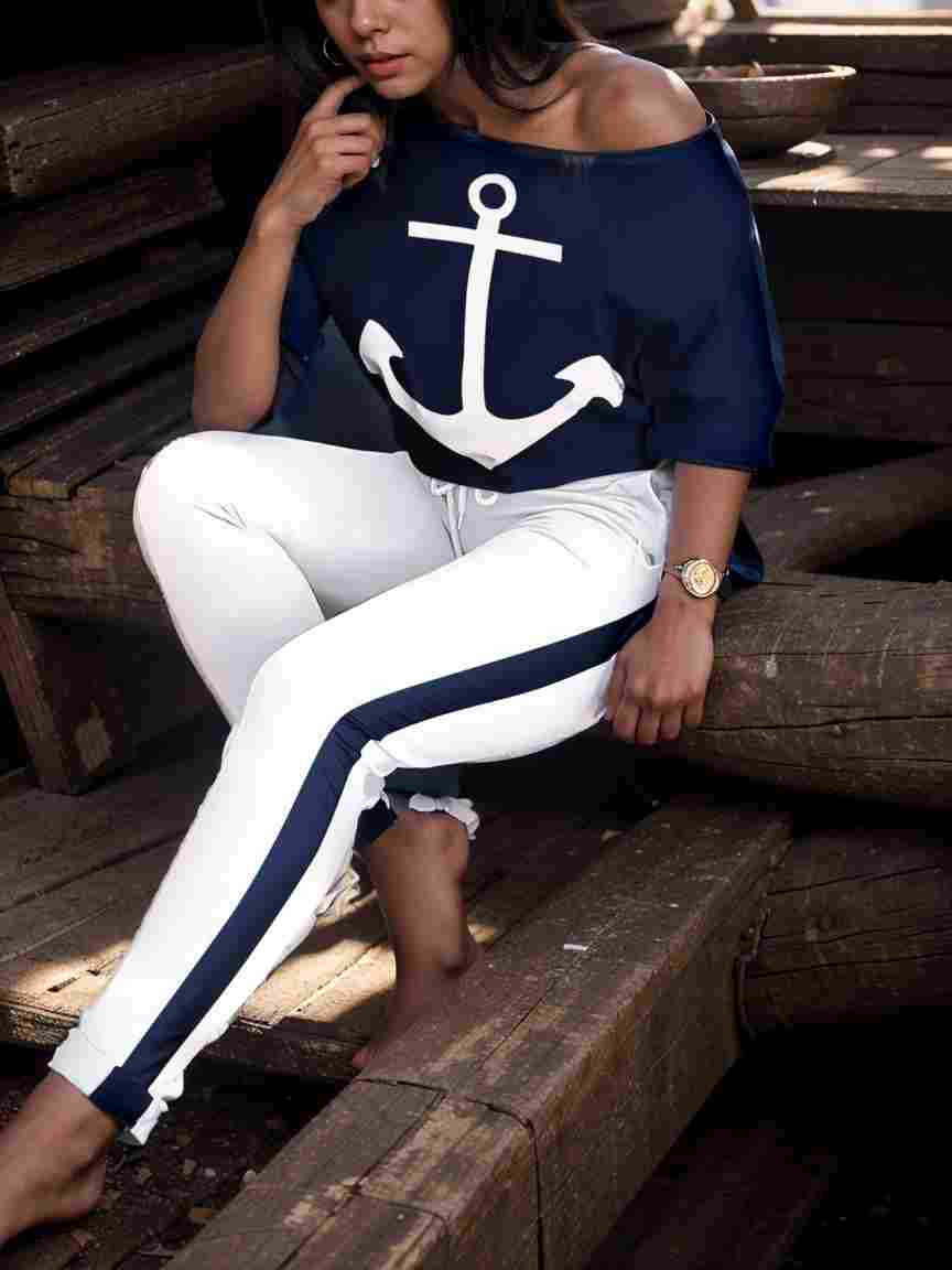 anchor print v neck long sleeve t shirt trousers two piece suit 123525