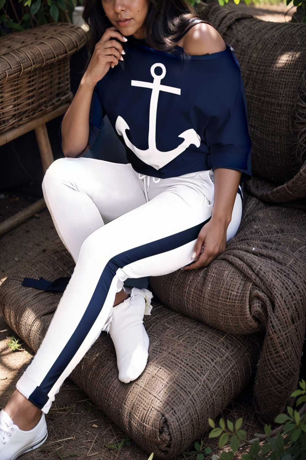 anchor print v neck long sleeve t shirt trousers two piece suit 134652