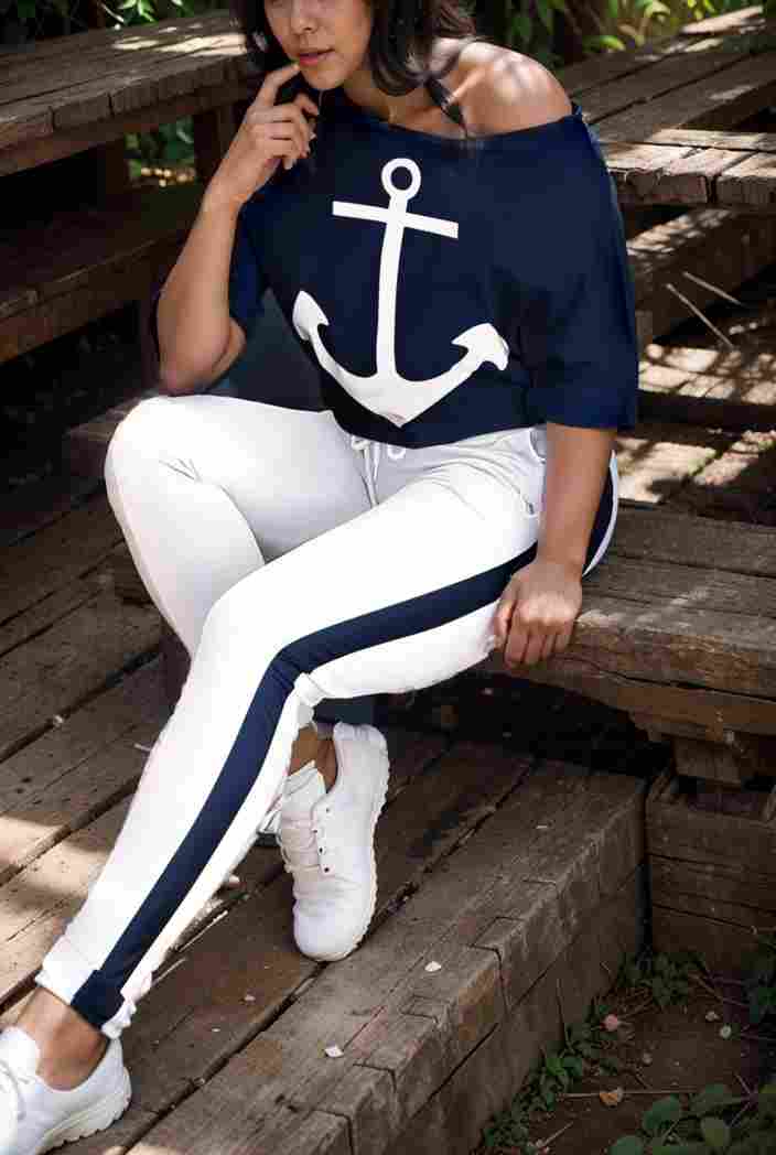 anchor print v neck long sleeve t shirt trousers two piece suit 100644