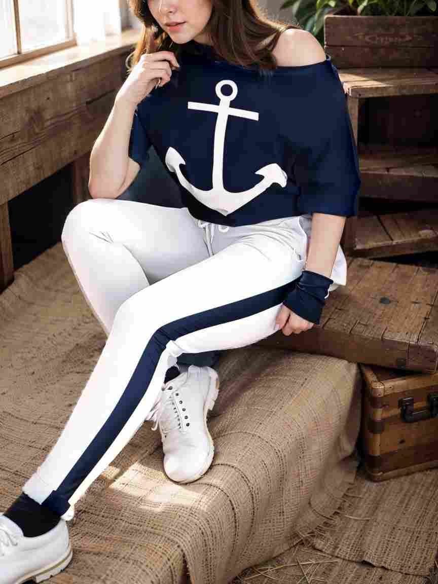 anchor print v neck long sleeve t shirt trousers two piece suit 132809