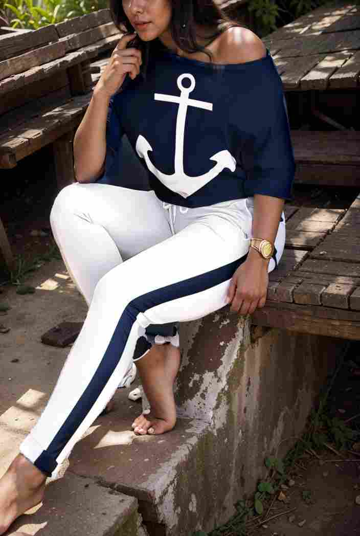 anchor print v neck long sleeve t shirt trousers two piece suit 137023