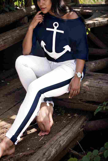 anchor print v neck long sleeve t shirt trousers two piece suit 141344