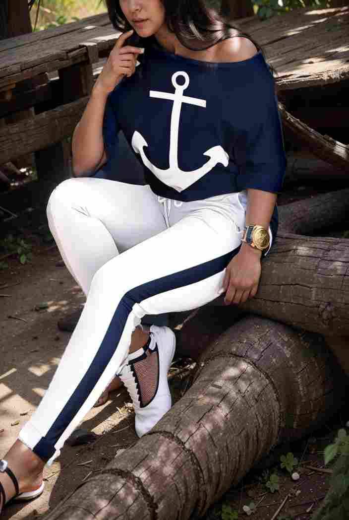 anchor print v neck long sleeve t shirt trousers two piece suit 137291