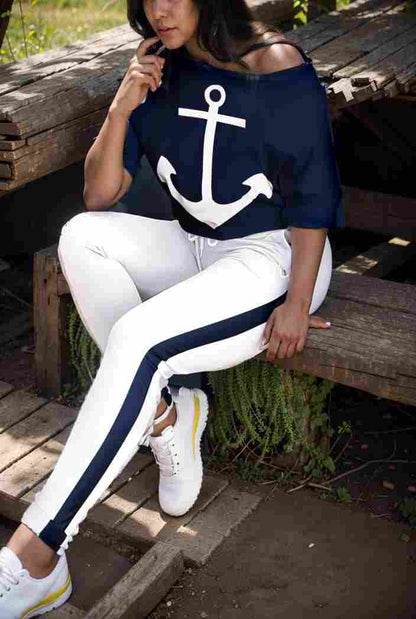 anchor print v neck long sleeve t shirt trousers two piece suit 104753