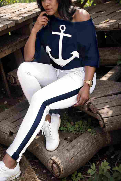 anchor print v neck long sleeve t shirt trousers two piece suit 112422