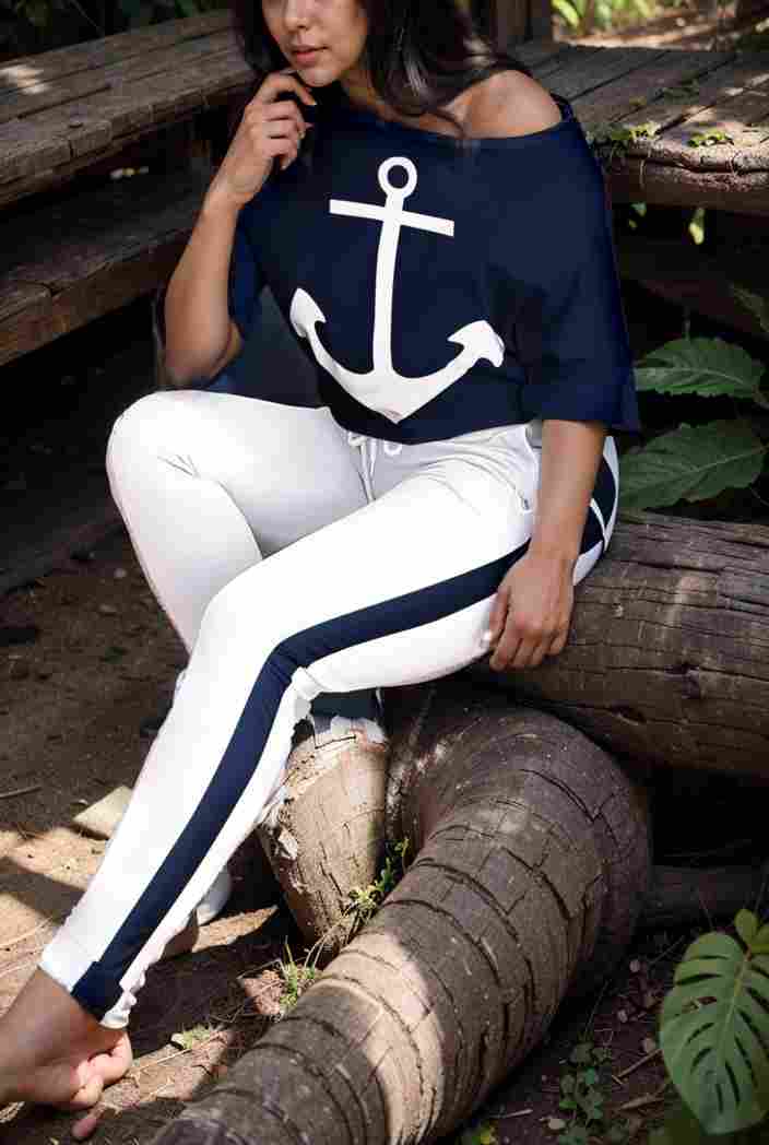 anchor print v neck long sleeve t shirt trousers two piece suit 126166