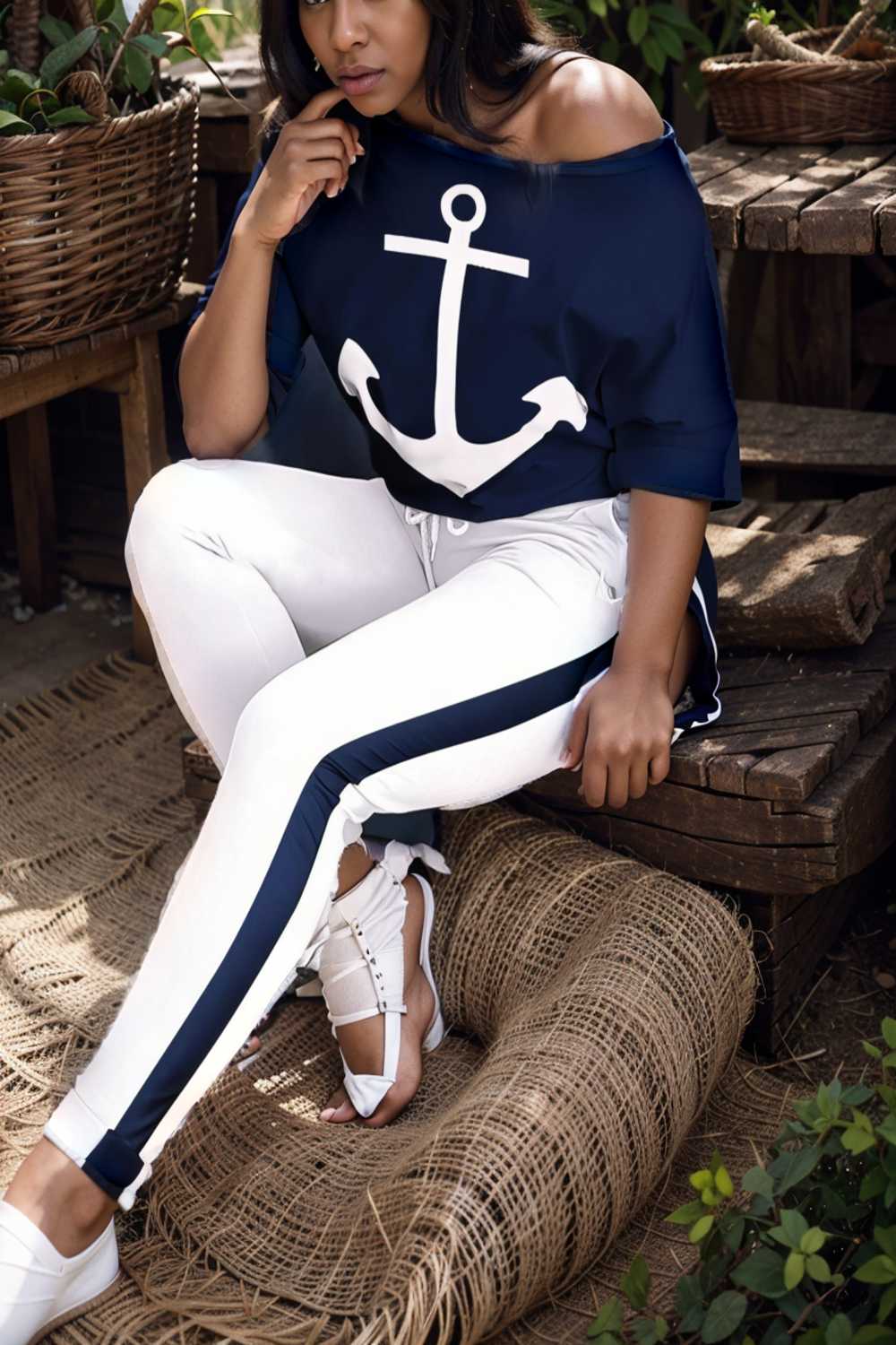 anchor print v neck long sleeve t shirt trousers two piece suit 107498