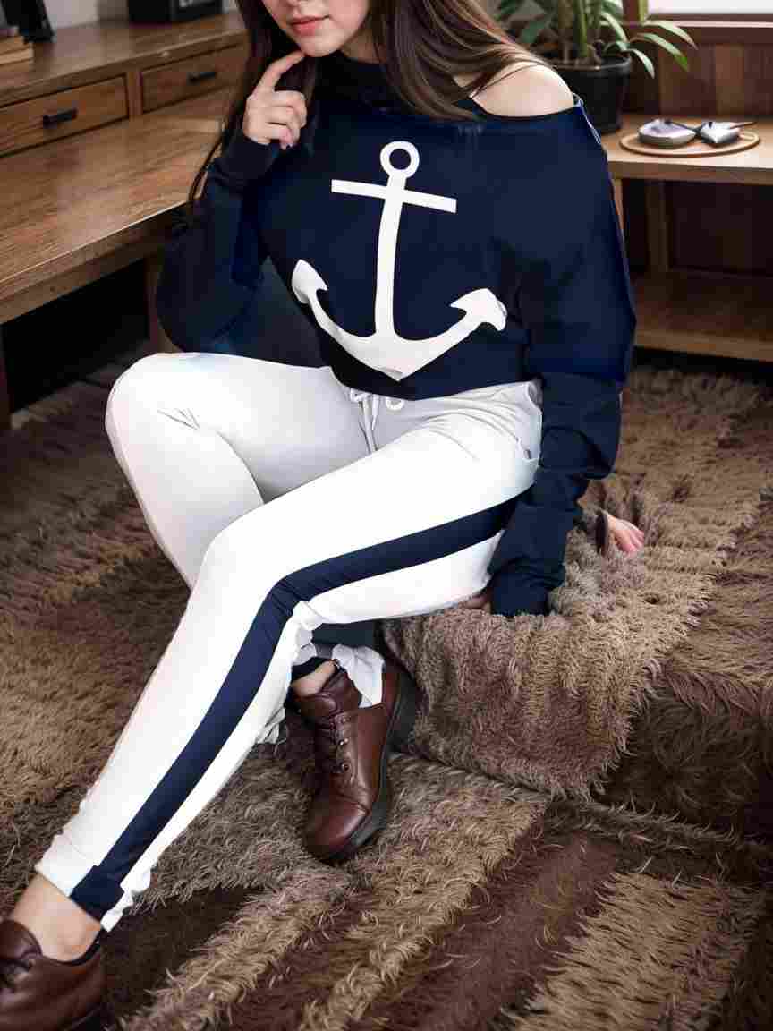 anchor print v neck long sleeve t shirt trousers two piece suit 125940