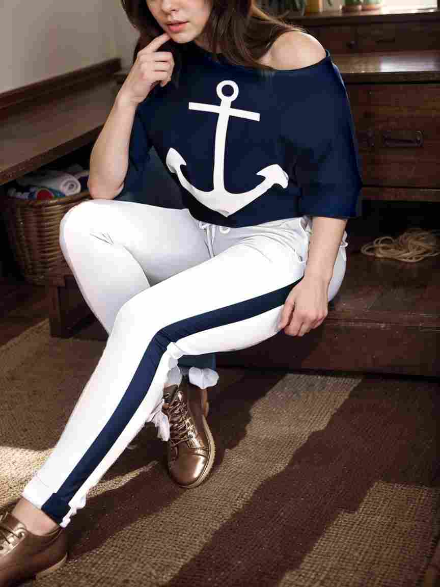 anchor print v neck long sleeve t shirt trousers two piece suit 101055