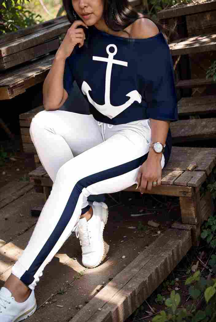 anchor print v neck long sleeve t shirt trousers two piece suit 104830