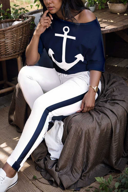 anchor print v neck long sleeve t shirt trousers two piece suit 102070