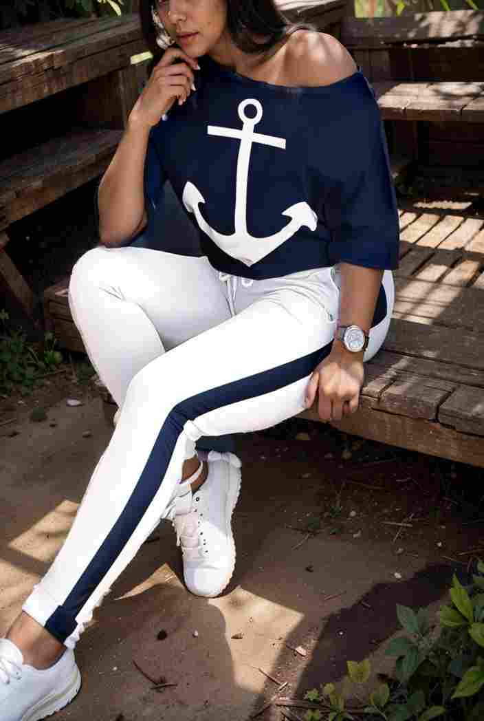 anchor print v neck long sleeve t shirt trousers two piece suit 118508