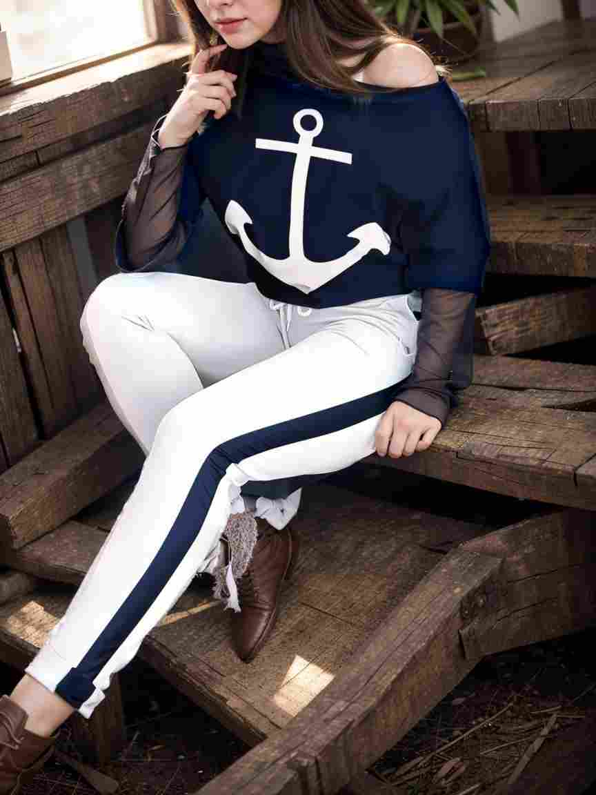 anchor print v neck long sleeve t shirt trousers two piece suit 138222