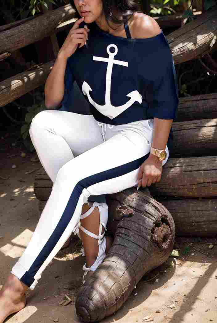 anchor print v neck long sleeve t shirt trousers two piece suit 100962