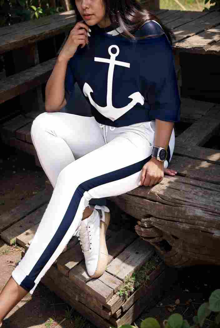 anchor print v neck long sleeve t shirt trousers two piece suit 127546