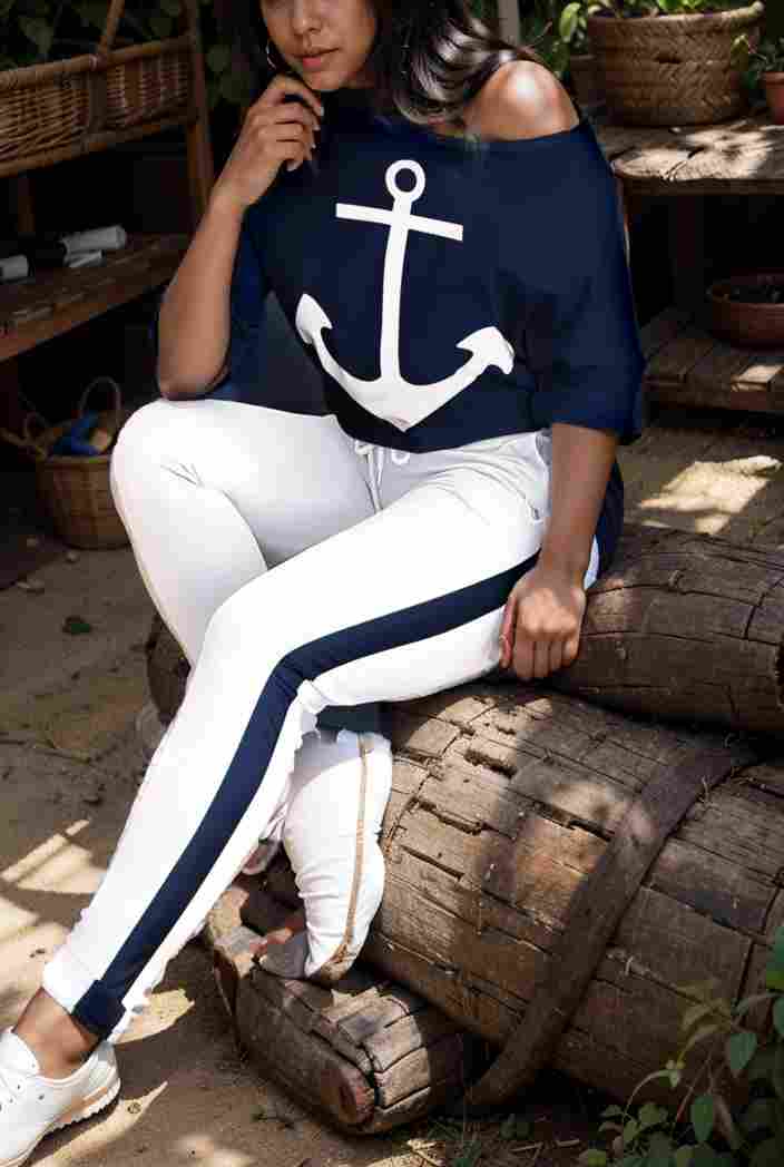 anchor print v neck long sleeve t shirt trousers two piece suit 125351