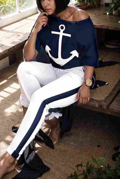 anchor print v neck long sleeve t shirt trousers two piece suit 120168