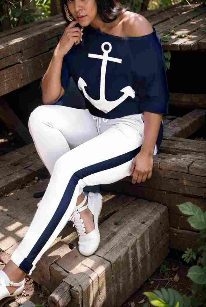 anchor print v neck long sleeve t shirt trousers two piece suit 129832