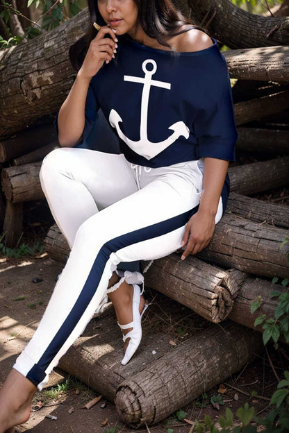 anchor print v neck long sleeve t shirt trousers two piece suit 126791