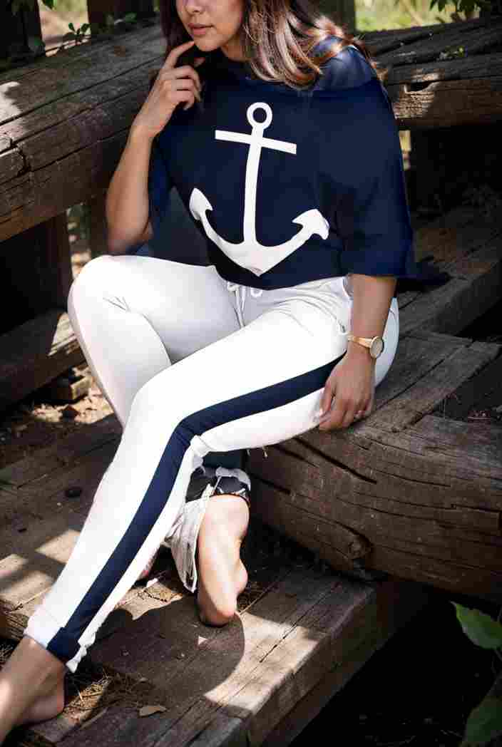 anchor print v neck long sleeve t shirt trousers two piece suit 136336