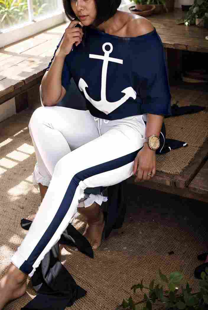 anchor print v neck long sleeve t shirt trousers two piece suit 126662