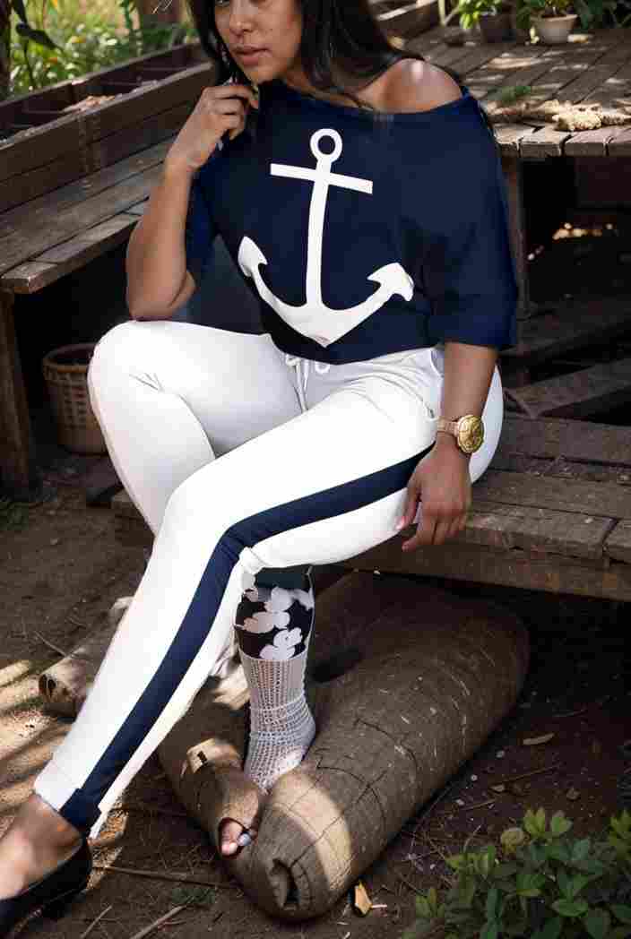 anchor print v neck long sleeve t shirt trousers two piece suit 148389