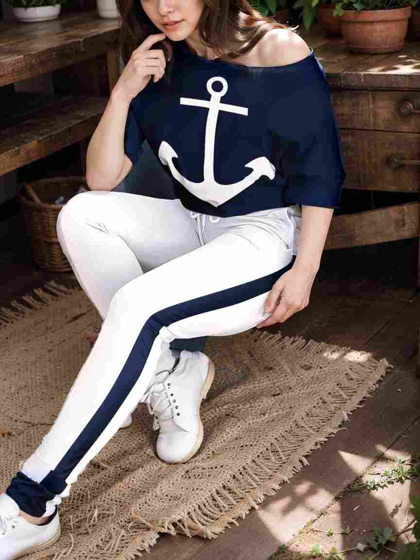 anchor print v neck long sleeve t shirt trousers two piece suit 136846