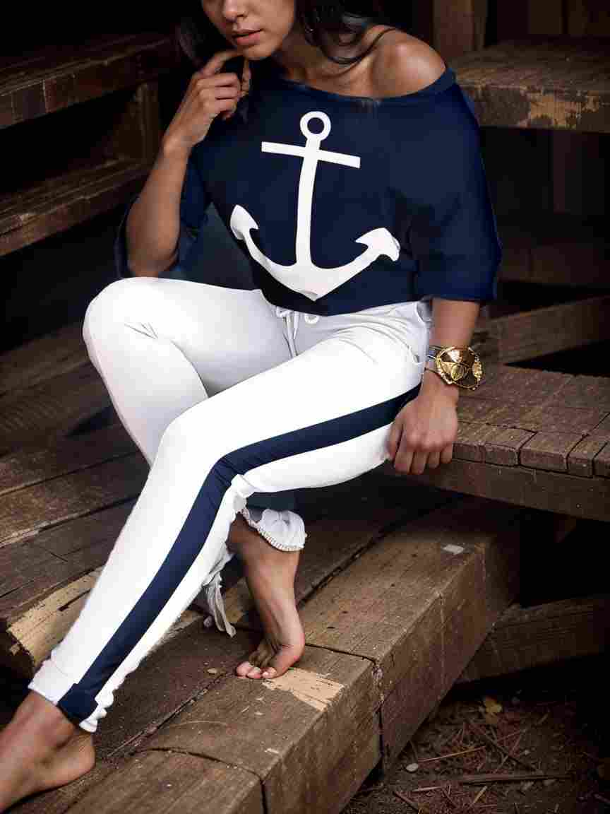 anchor print v neck long sleeve t shirt trousers two piece suit 135267