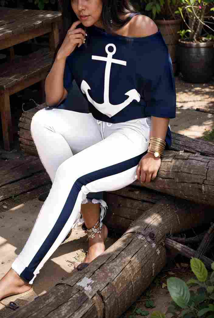 anchor print v neck long sleeve t shirt trousers two piece suit 117246