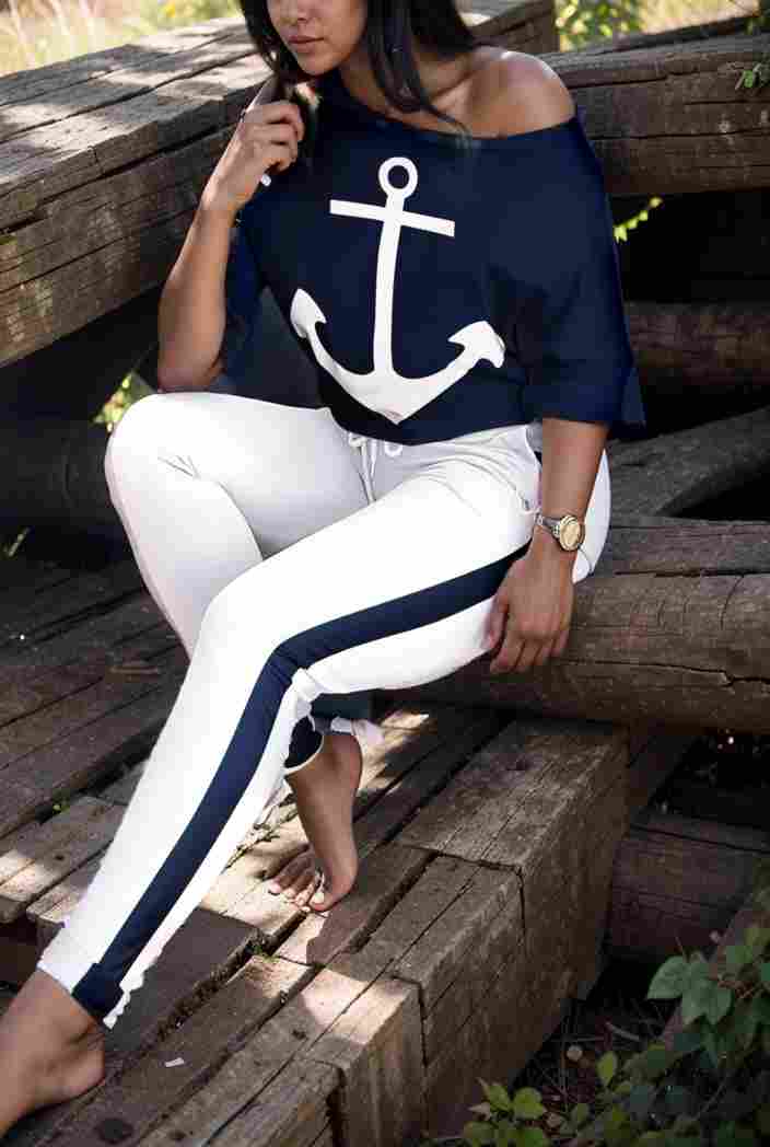 anchor print v neck long sleeve t shirt trousers two piece suit 133372