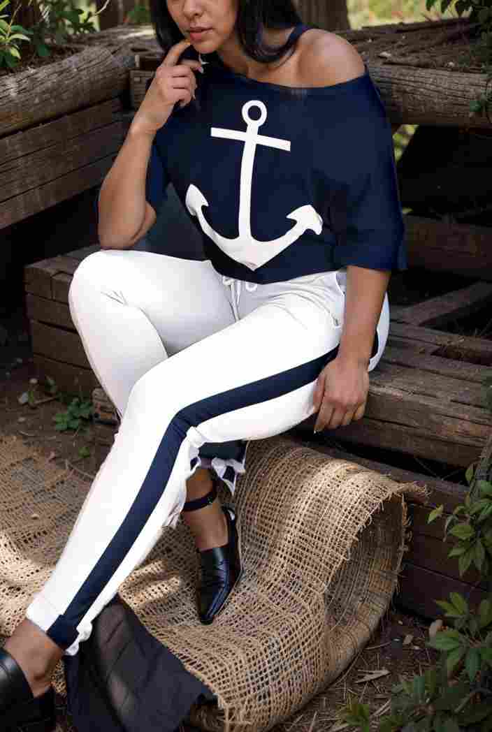 anchor print v neck long sleeve t shirt trousers two piece suit 108916