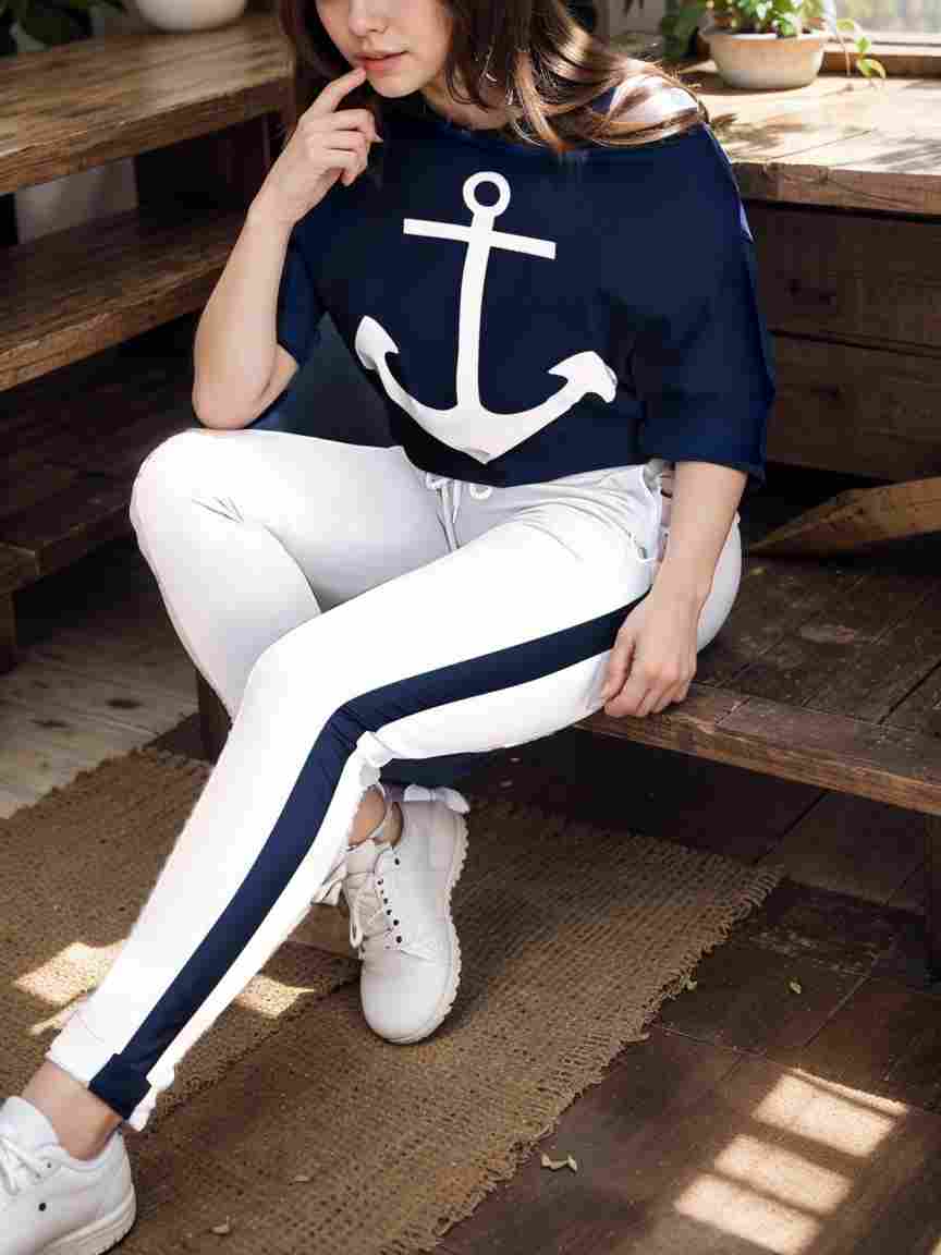 anchor print v neck long sleeve t shirt trousers two piece suit 121234