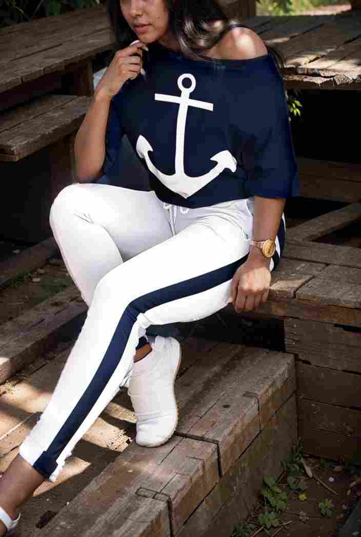 anchor print v neck long sleeve t shirt trousers two piece suit 112143