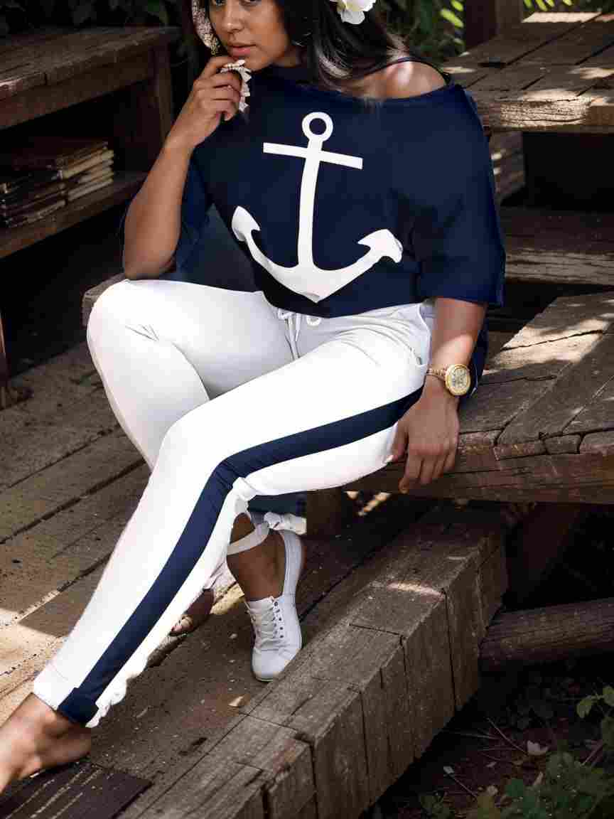 anchor print v neck long sleeve t shirt trousers two piece suit 109620